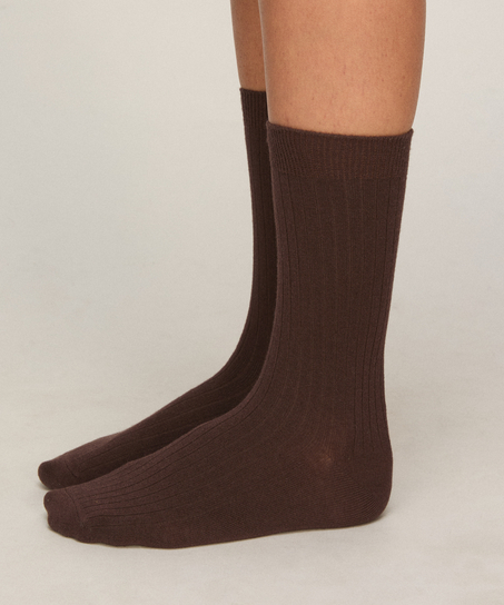 Cashmere Blend Ribbed Socks, Brązowy