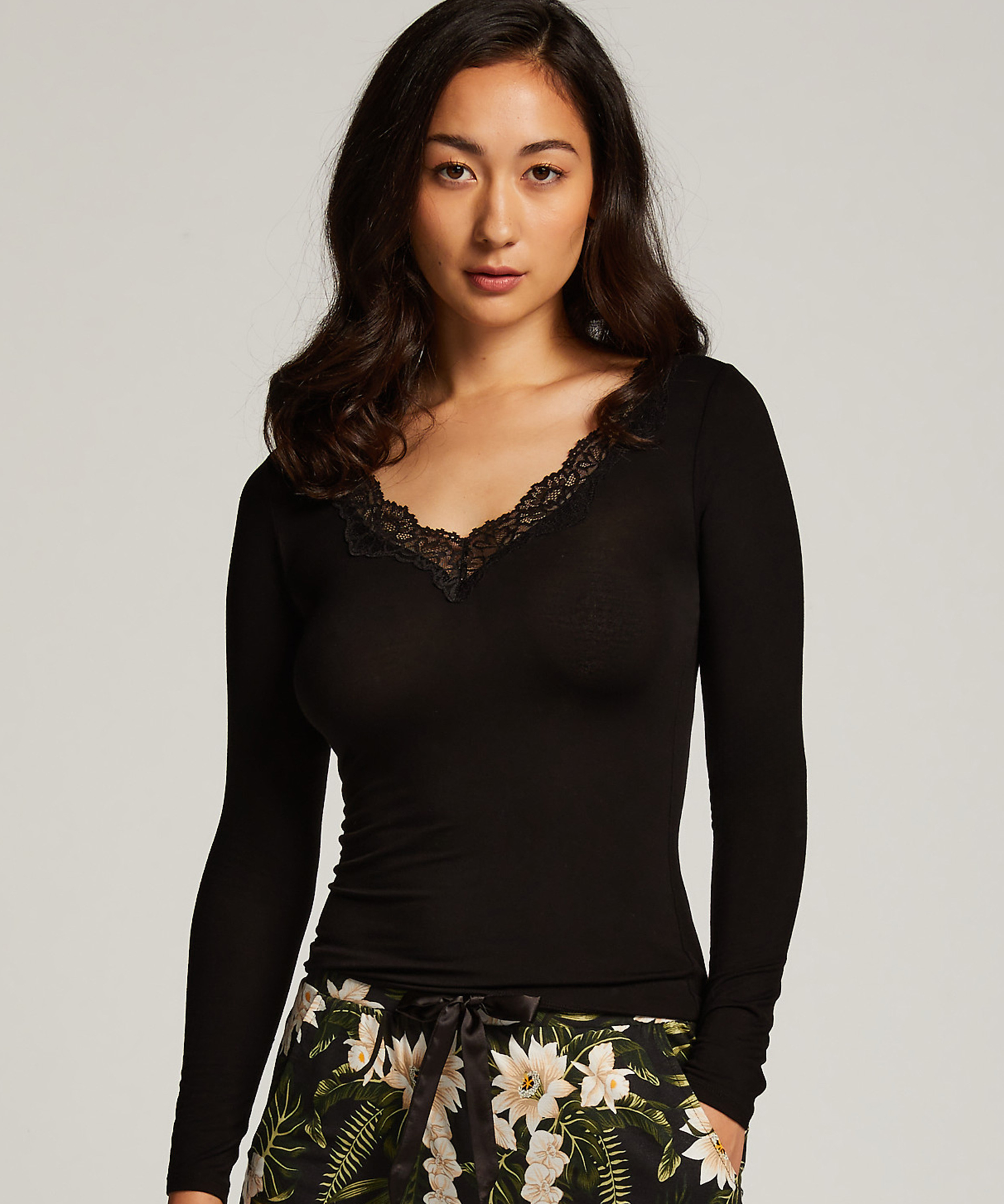 Dżersejowy top od piżamy z długimi rękawami, Czarny, main