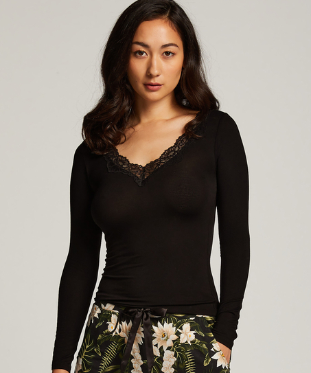 Dżersejowy top od piżamy z długimi rękawami, Czarny