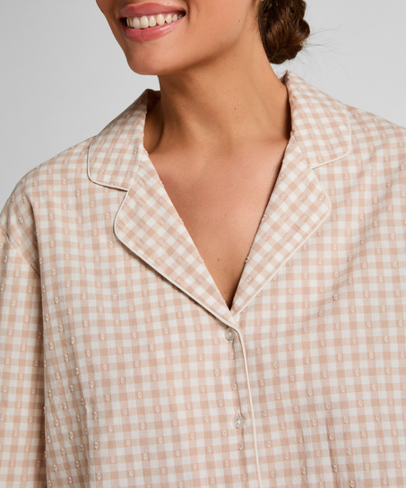 Kurtka Piżamowa Dobby z Tkanej Bawełny, Beżowy