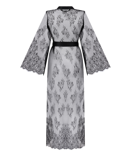 Długie kimono z koronką, Czarny