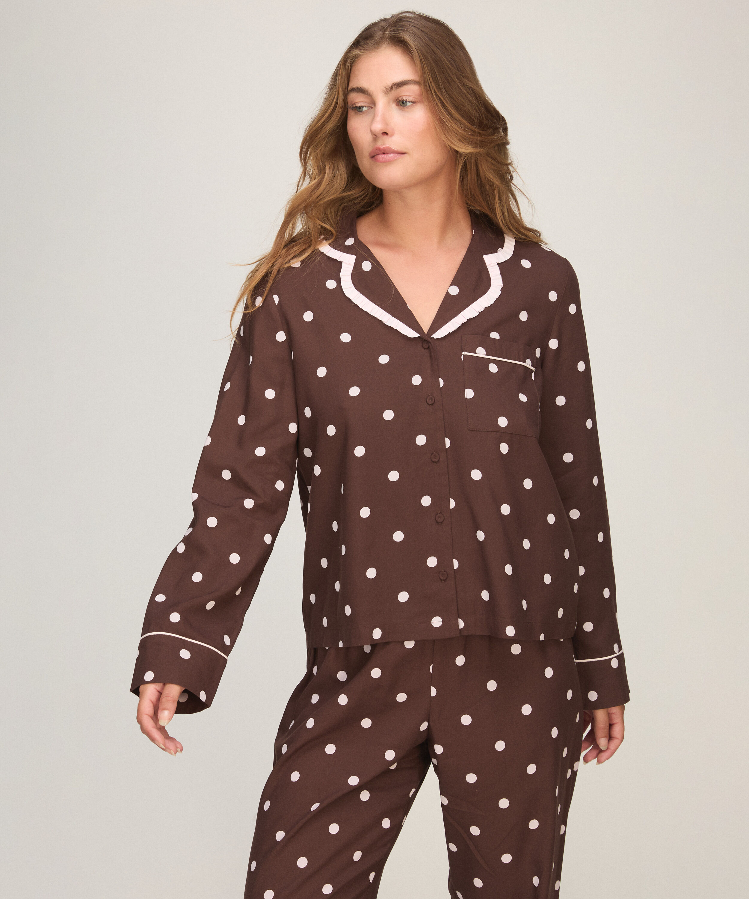 Pyjama Set Poplin Ruffle, Brązowy