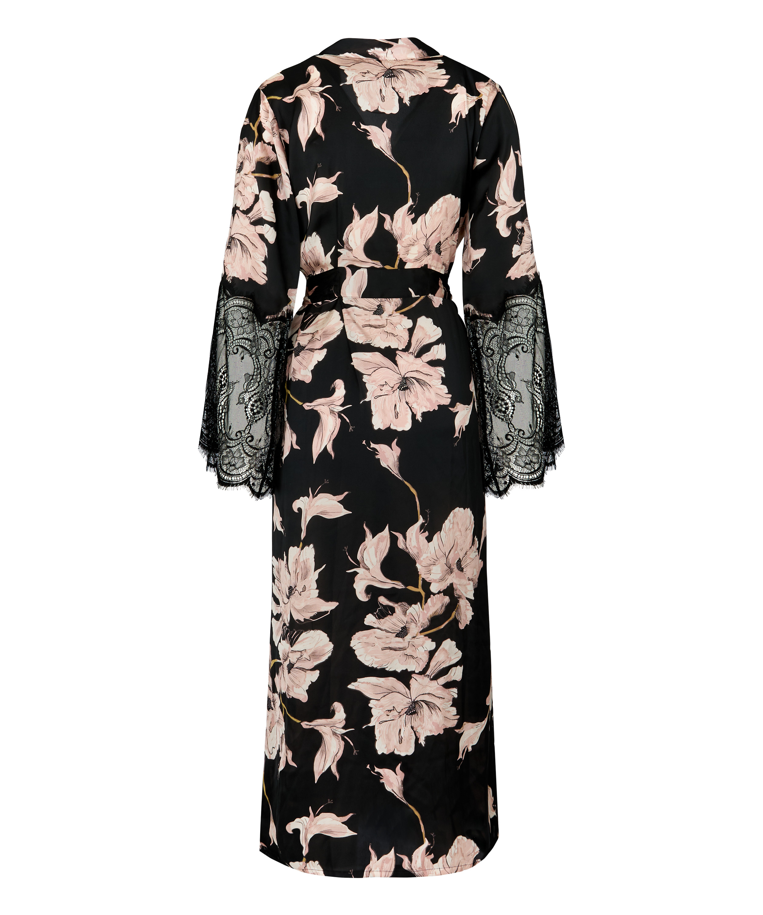 Satynowe długie kimono z koronką, Czarny, main