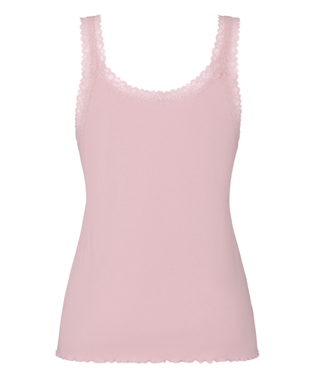 Top z Prążkowanej Dzianiny z Koronką, R&oacute;żowy