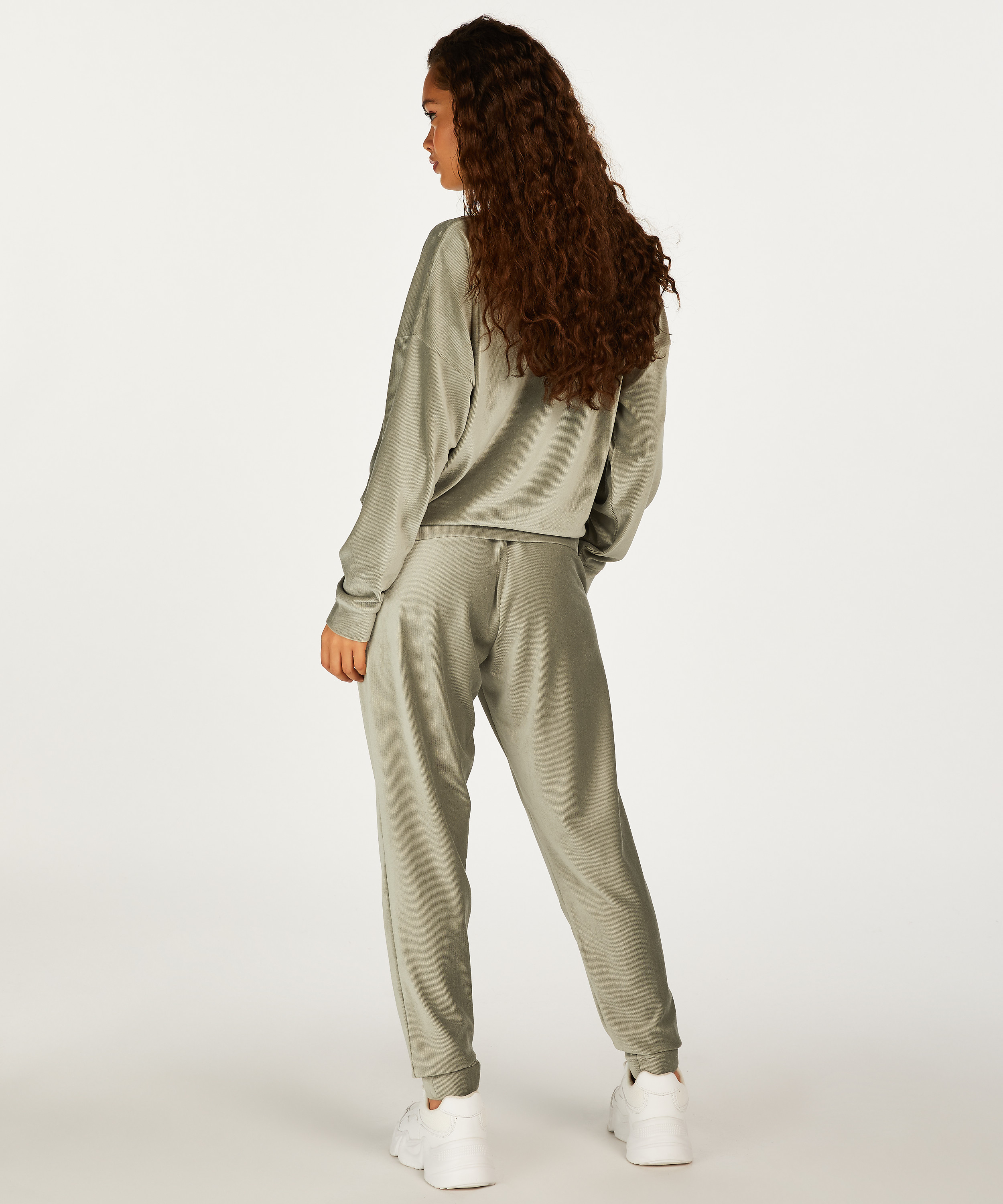 Welurowy top z długim rękawem z prążkowanego materiału, Zielony, main