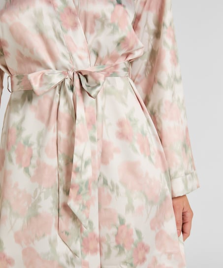 Satynowe Kimono w Kwiatowy Wz&oacute;r, Biały