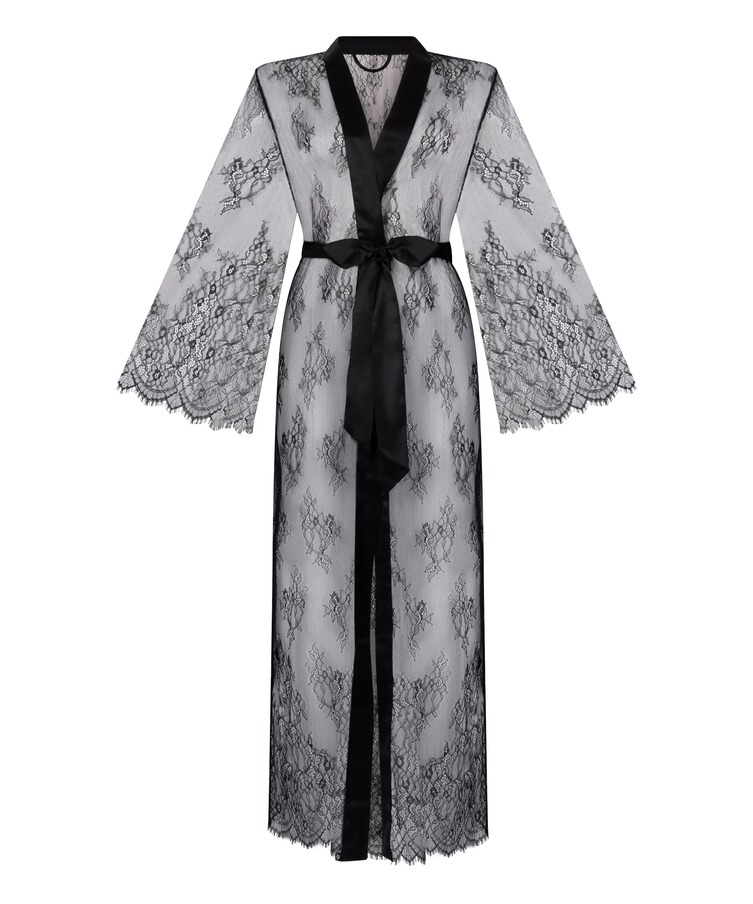 Długie kimono z koronką, Czarny, main