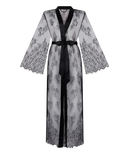 Długie kimono z koronką, Czarny