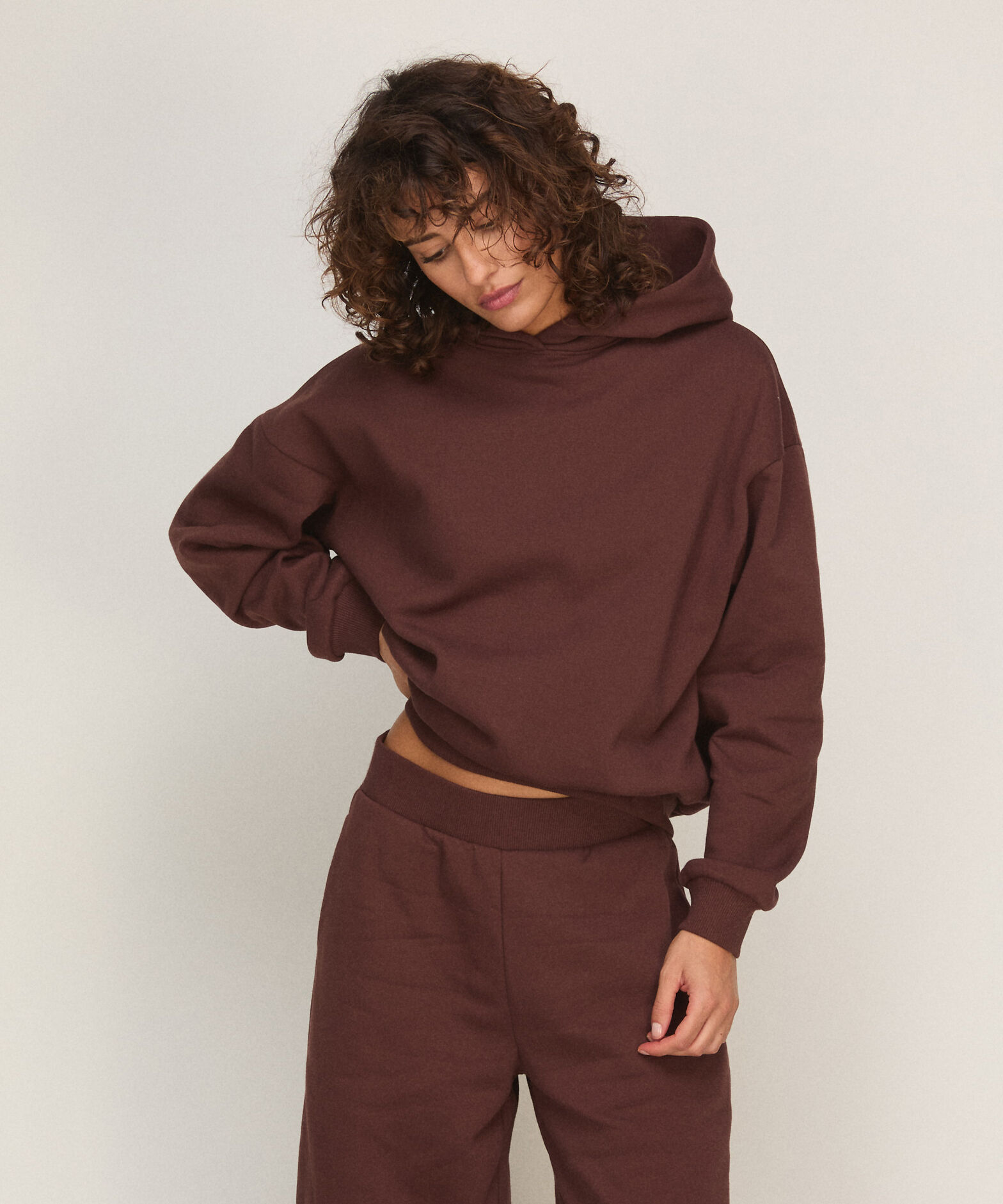 Bluza z Kapturem z Czesanej Dzianiny Dresowej, Brązowy