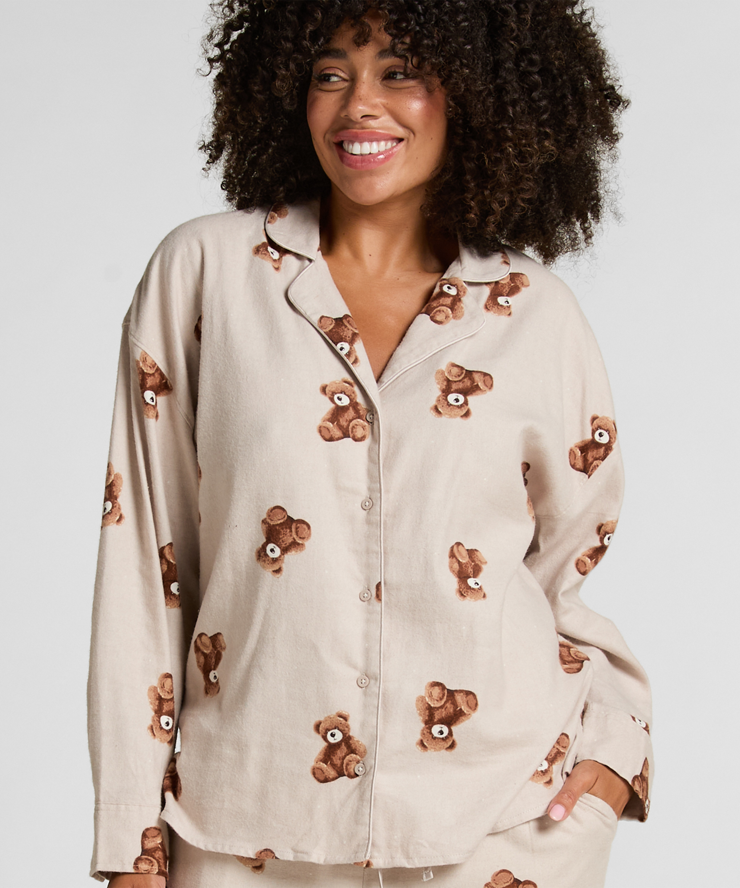 Bluza flanelowa twillowa ze wzorem misia, Beżowy, main