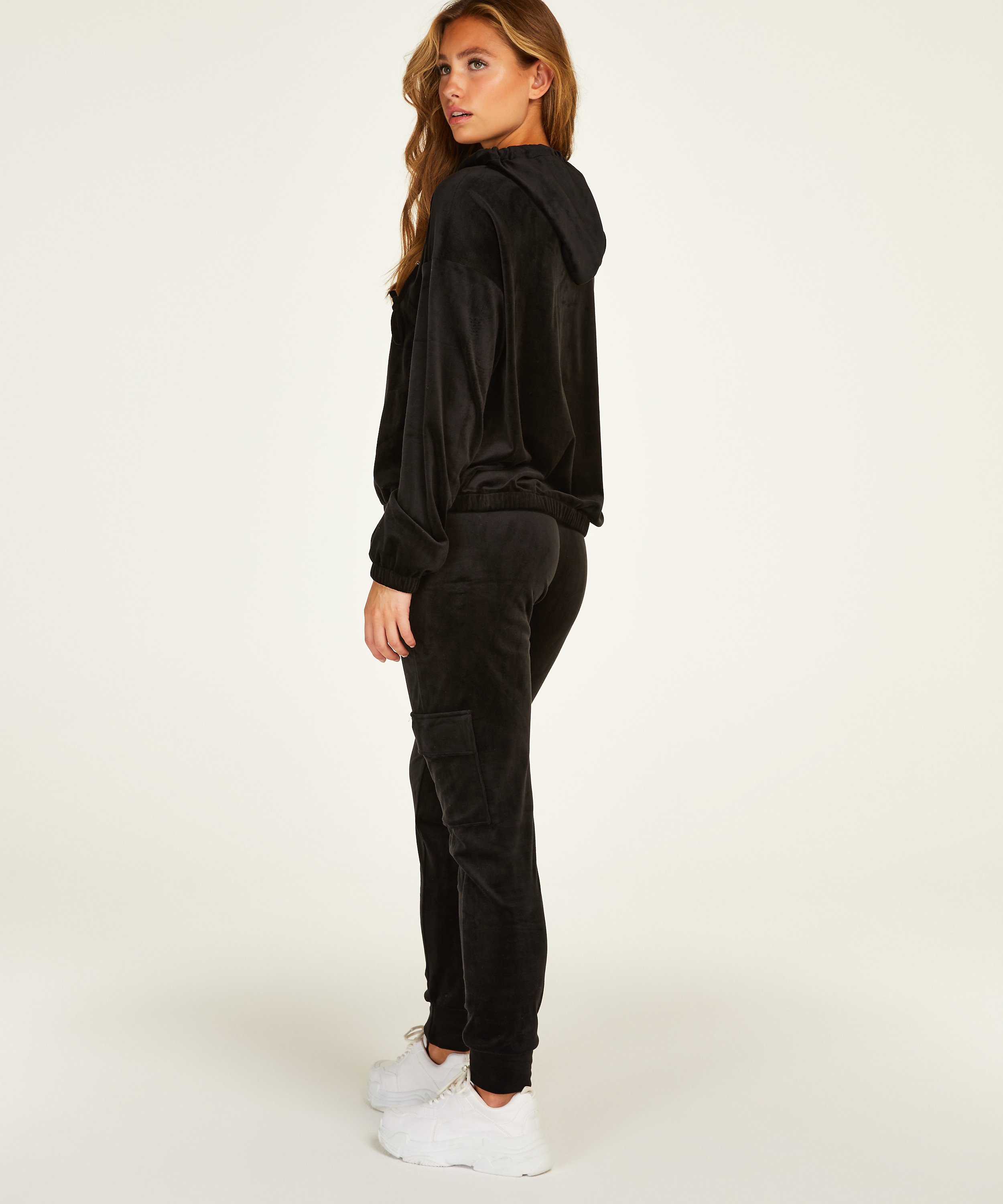 Welurowa bluza z kapturem, Czarny, main