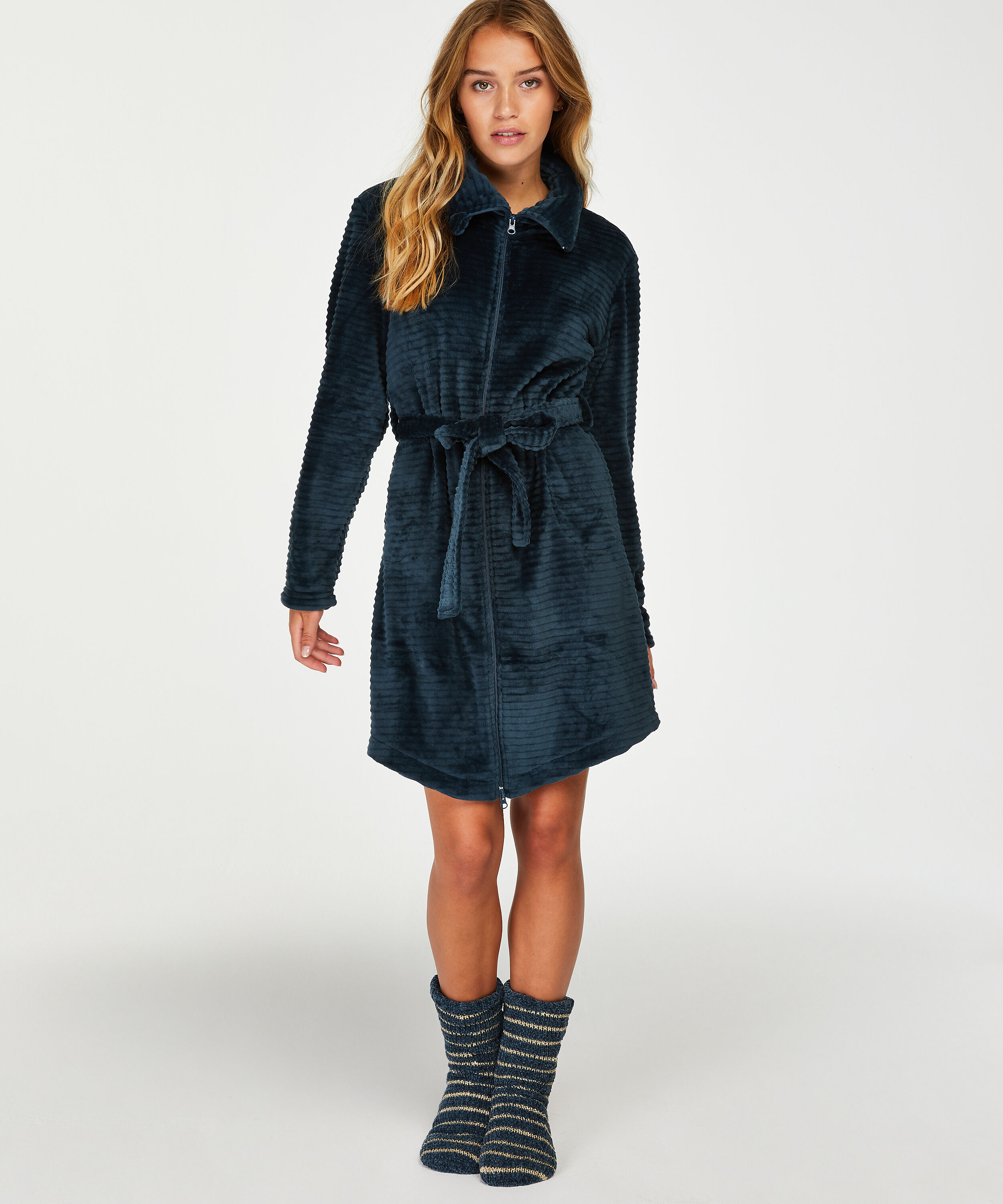 Szlafrok z polaru z zamkiem błyskawicznym, Niebieski