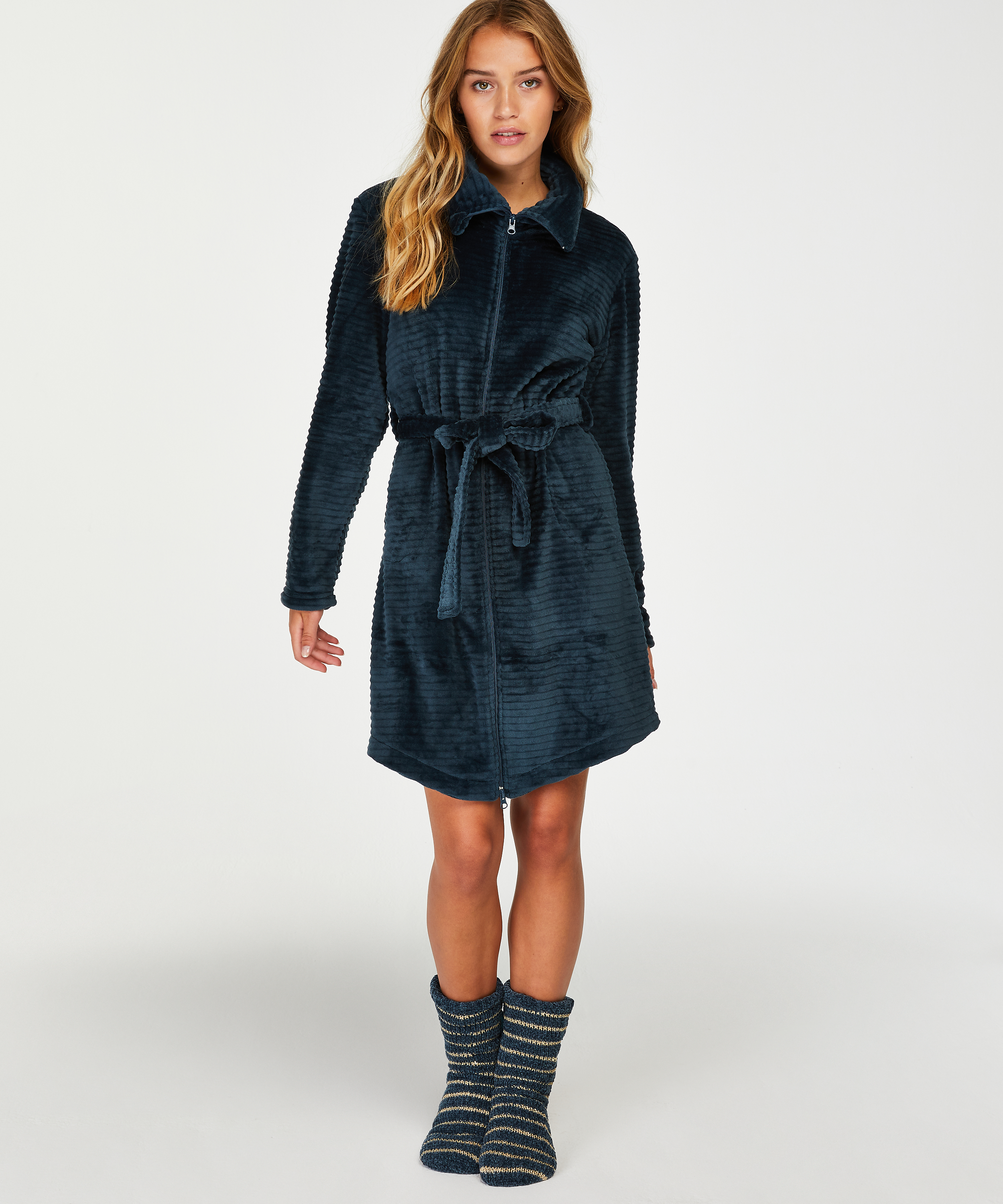 Szlafrok z polaru z zamkiem błyskawicznym, Niebieski, main