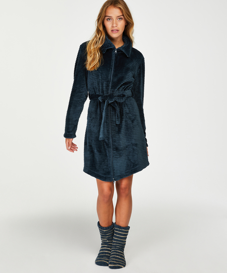 Szlafrok z polaru z zamkiem błyskawicznym, Niebieski