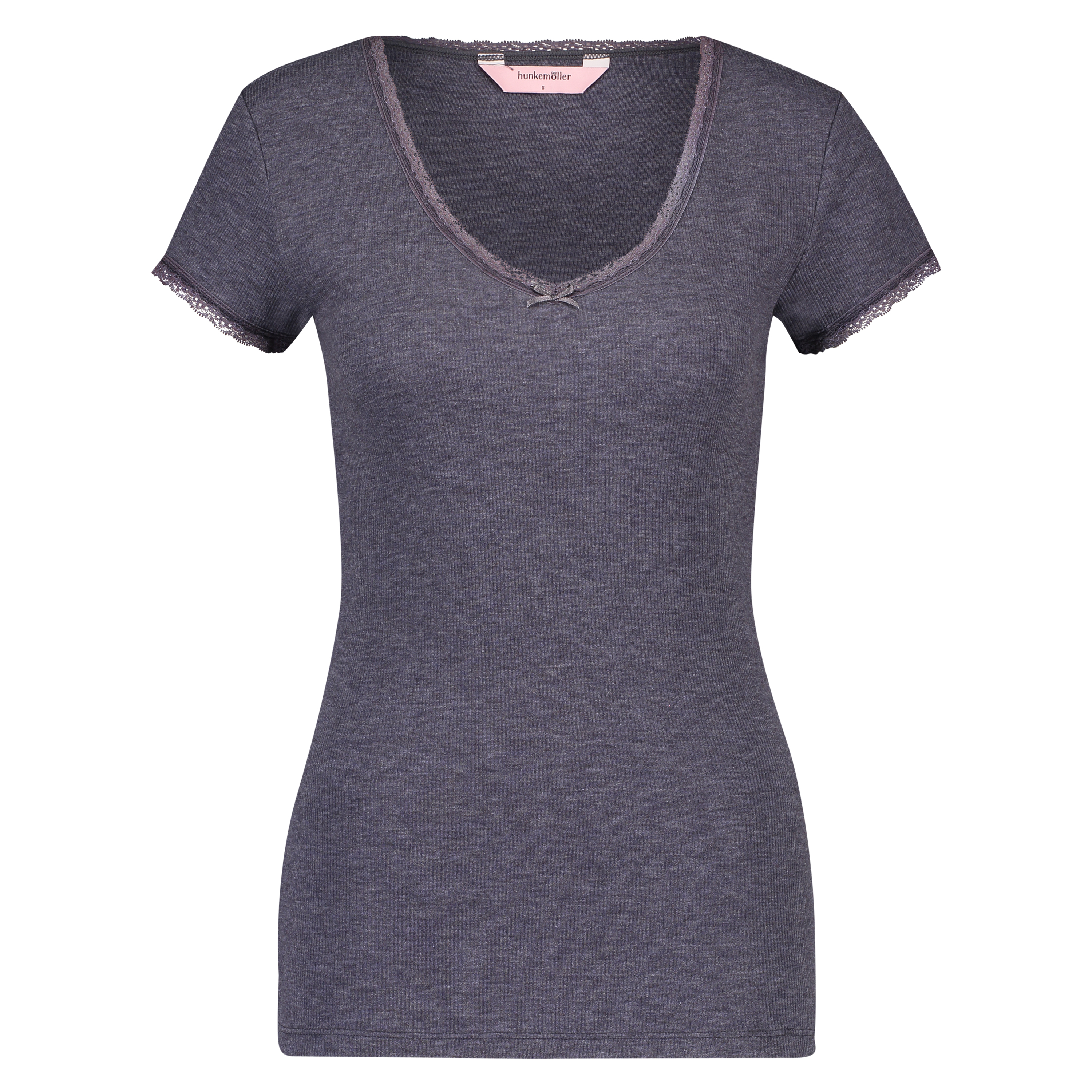 Ribbed Short-Sleeved V-Neck Pyjama Top, Szary, main