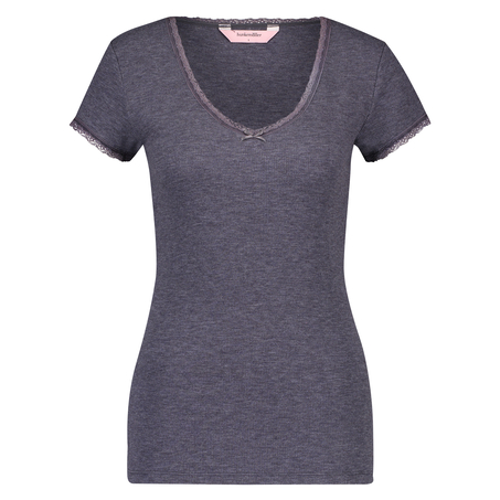 Ribbed Short-Sleeved V-Neck Pyjama Top, Szary