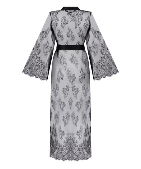 Długie kimono z koronką, Czarny