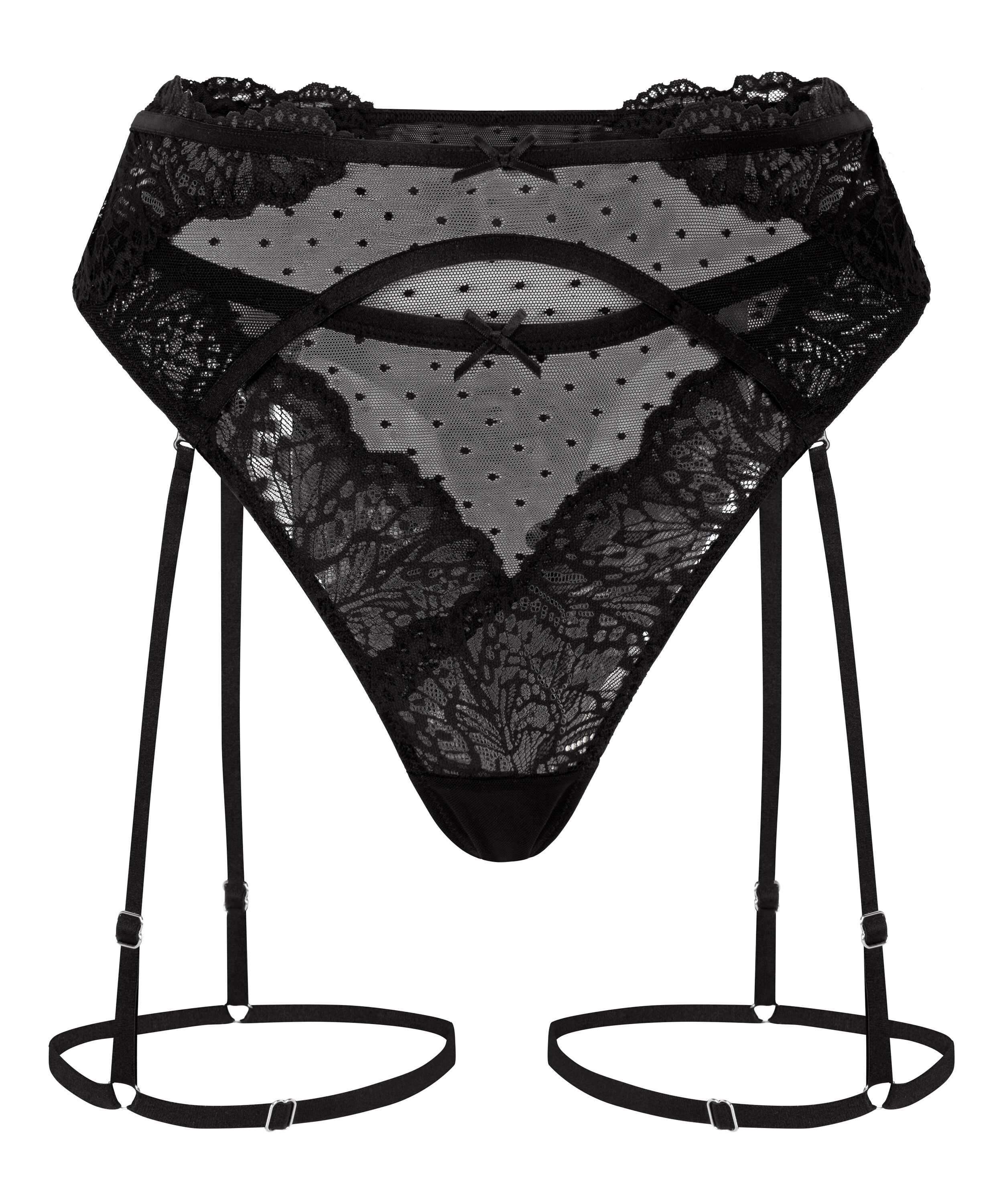 Stringi Posie z paskami do pończoch, Czarny