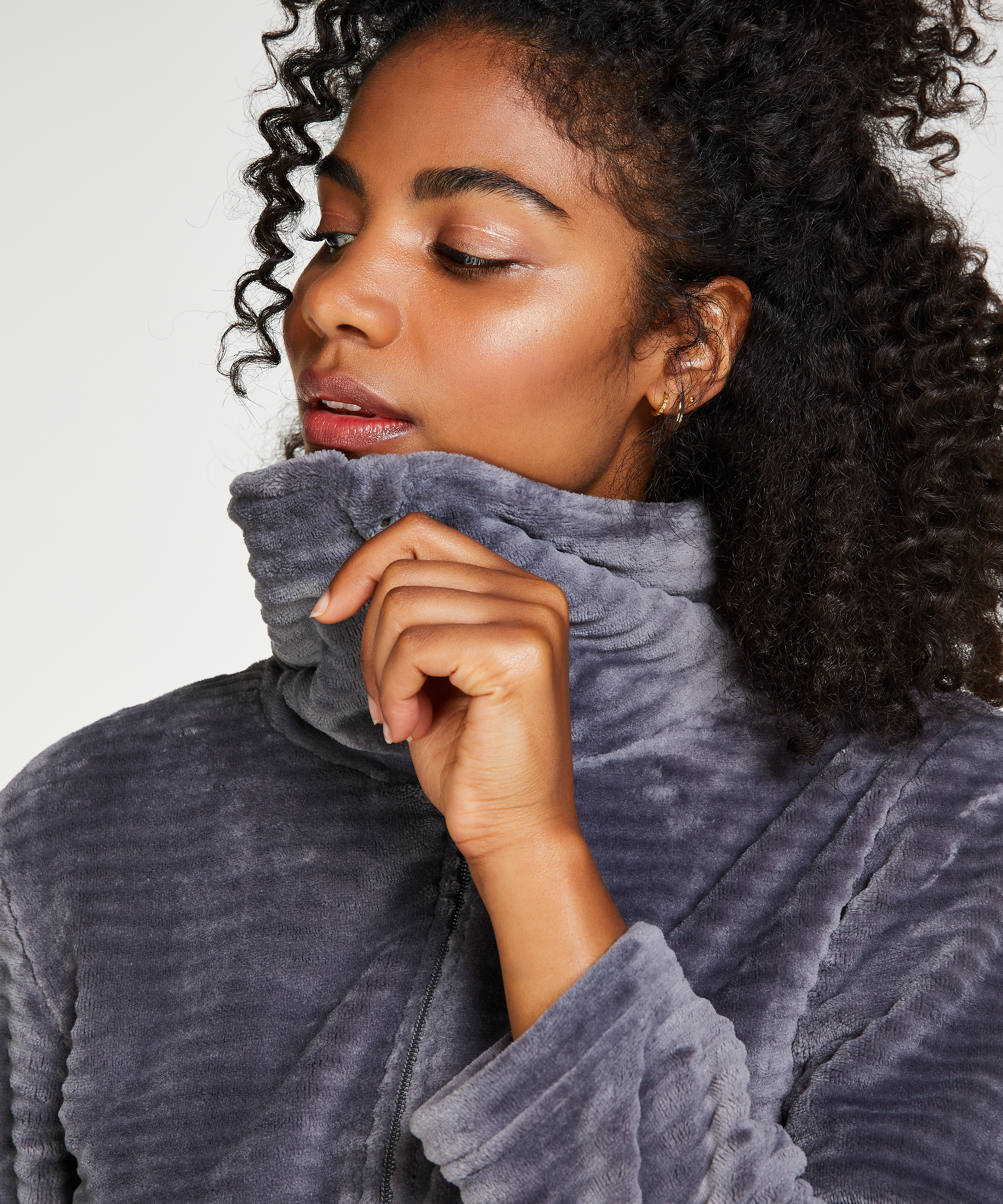 Szlafrok z polaru z zamkiem błyskawicznym, Szary, main