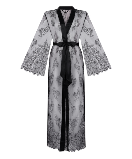 Długie kimono z koronką, Czarny