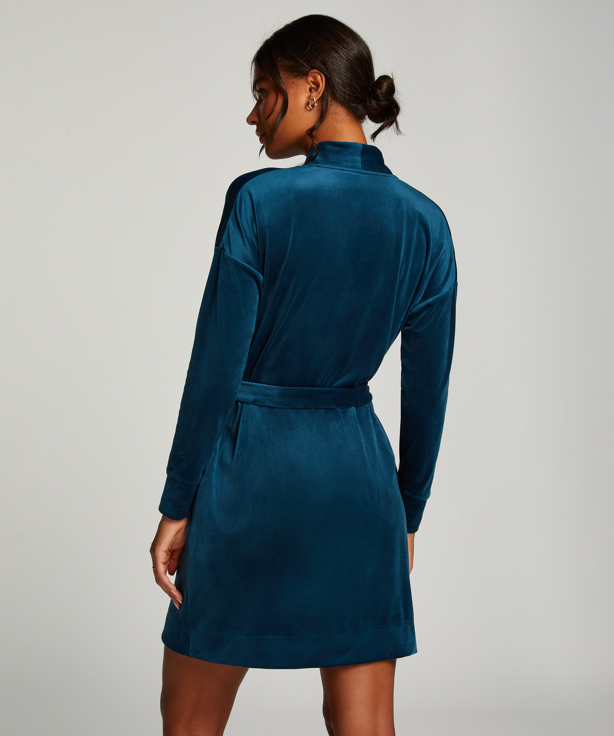 Krótki szlafrok welurowy, Niebieski, main