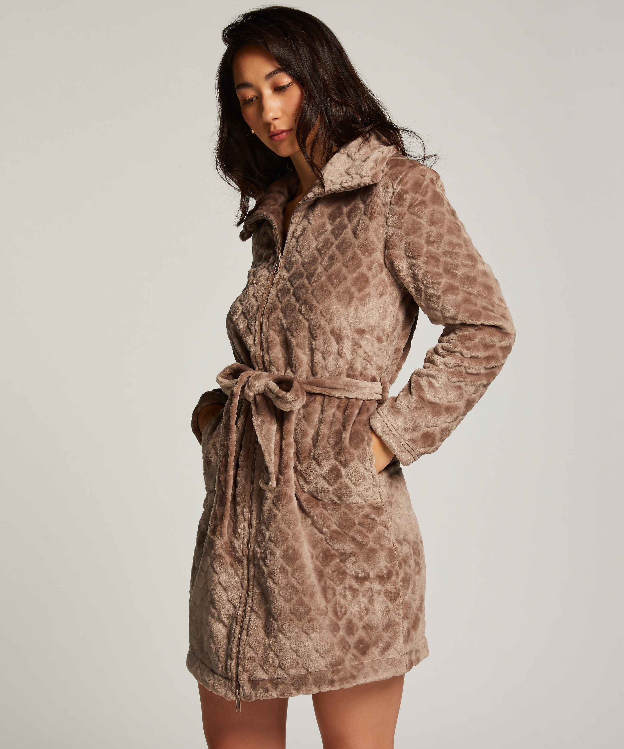 Szlafrok z polaru z zamkiem błyskawicznym, Brązowy, main