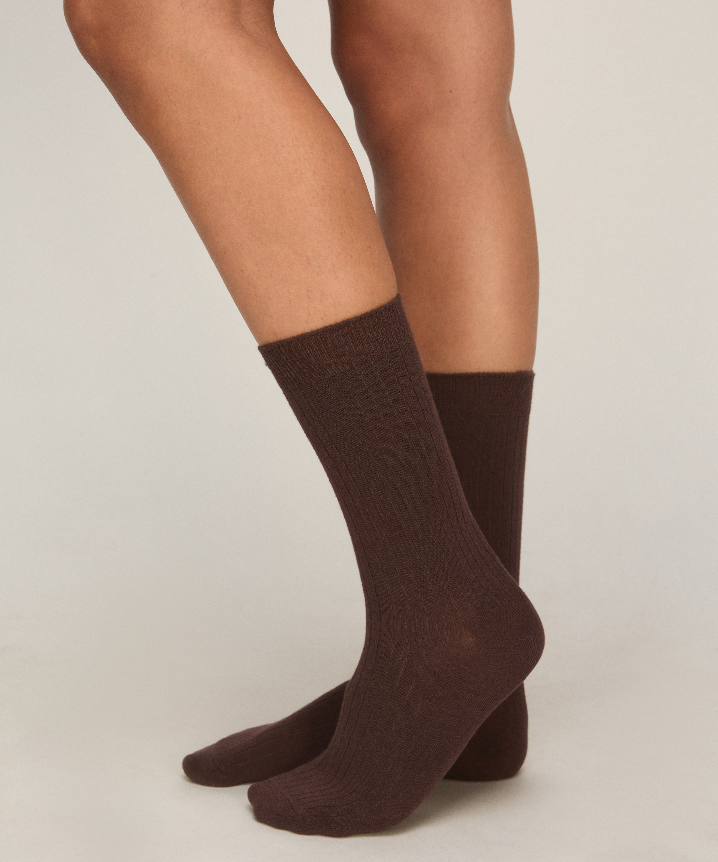 Cashmere Blend Ribbed Socks, Brązowy, main
