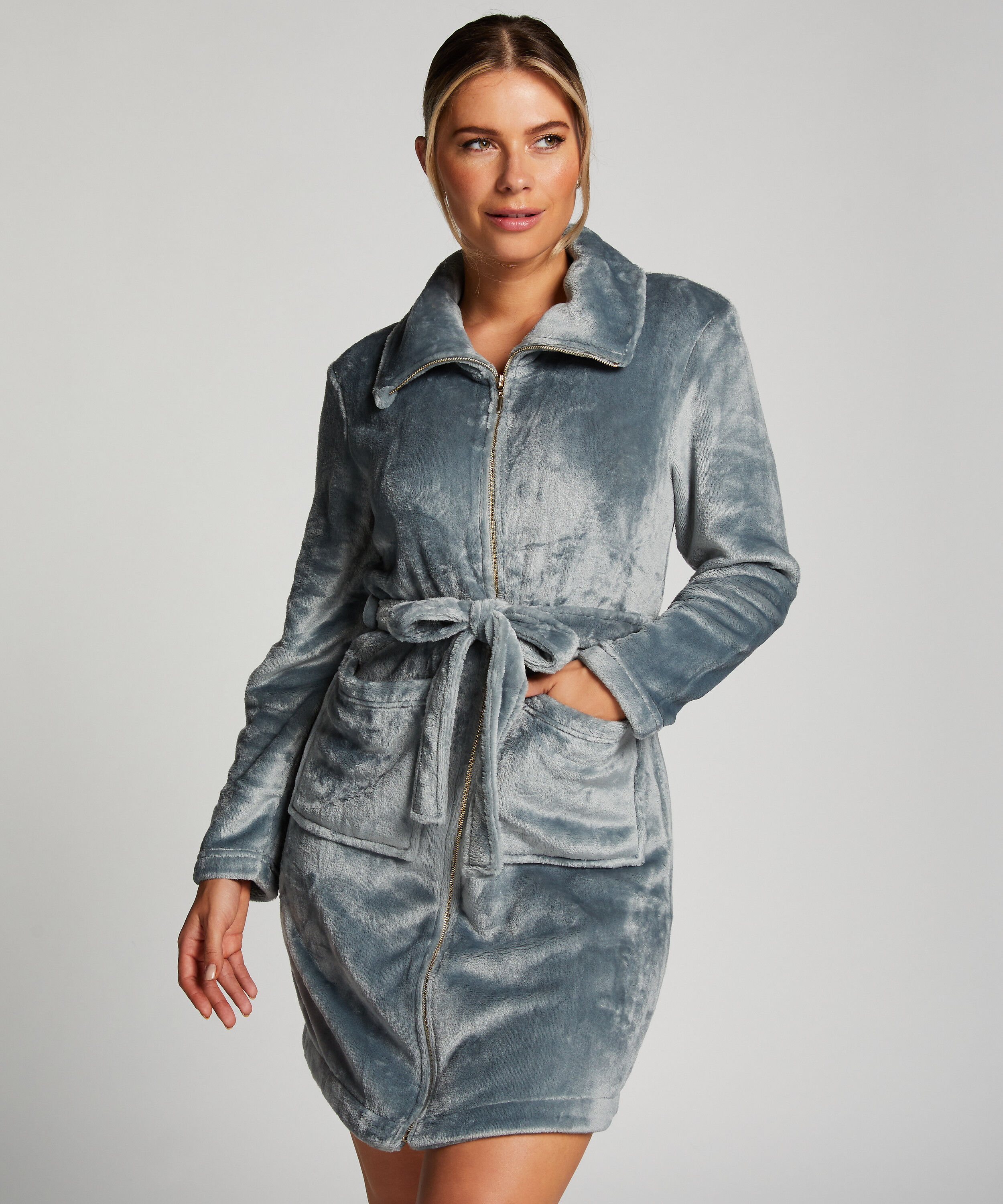 Szlafrok z polaru z zamkiem błyskawicznym, Niebieski