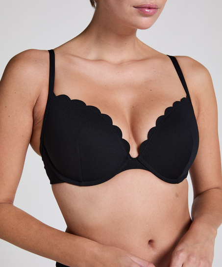G&oacute;ra od bikini push-up z fiszbinami, z falowanym brzegiem, miseczki A &ndash; E, Czarny