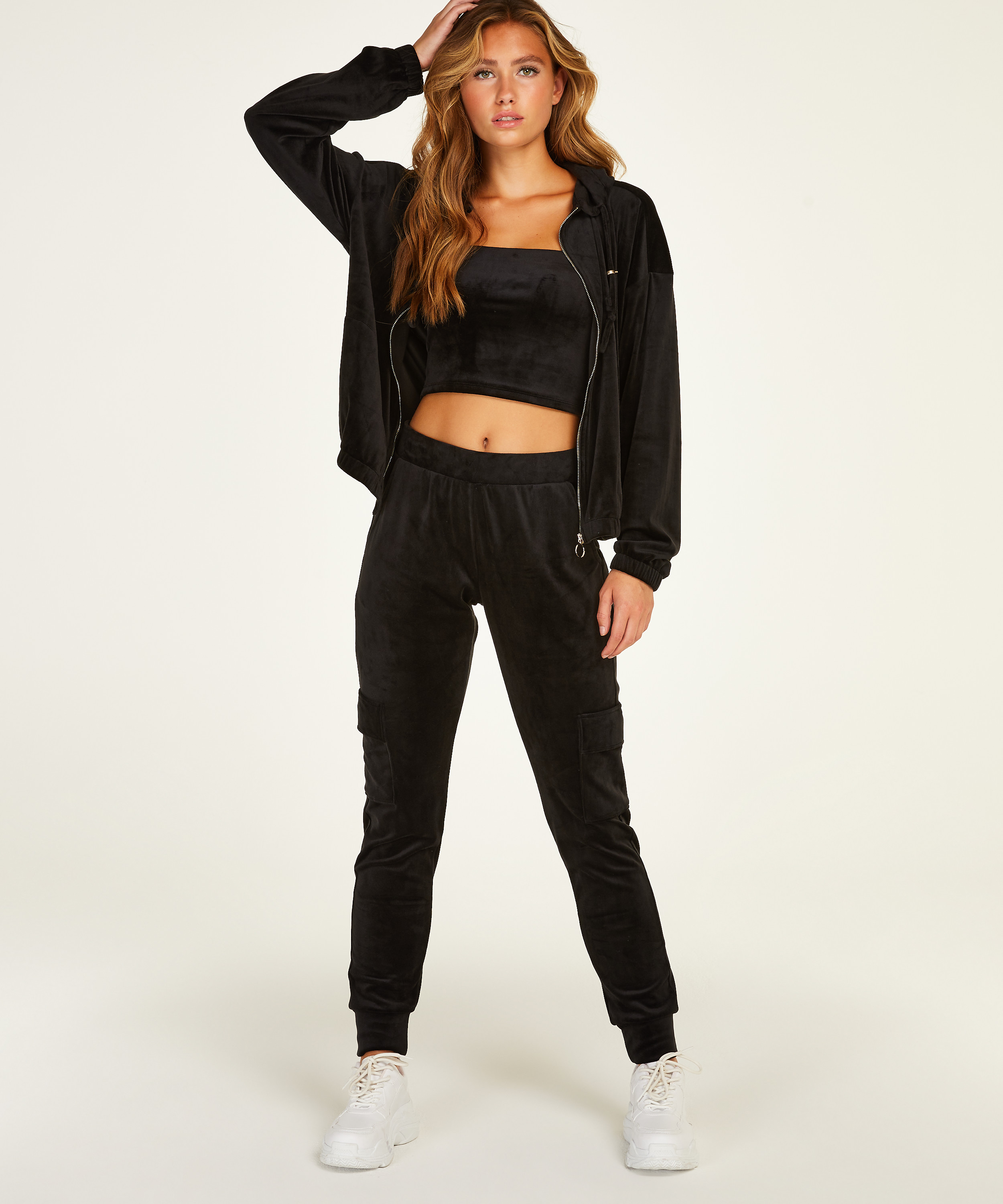 Welurowa bluza z kapturem, Czarny, main