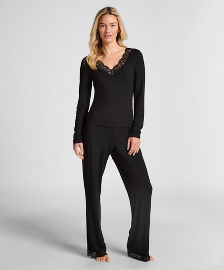 Koronkowa piżama z długim rękawem, Czarny