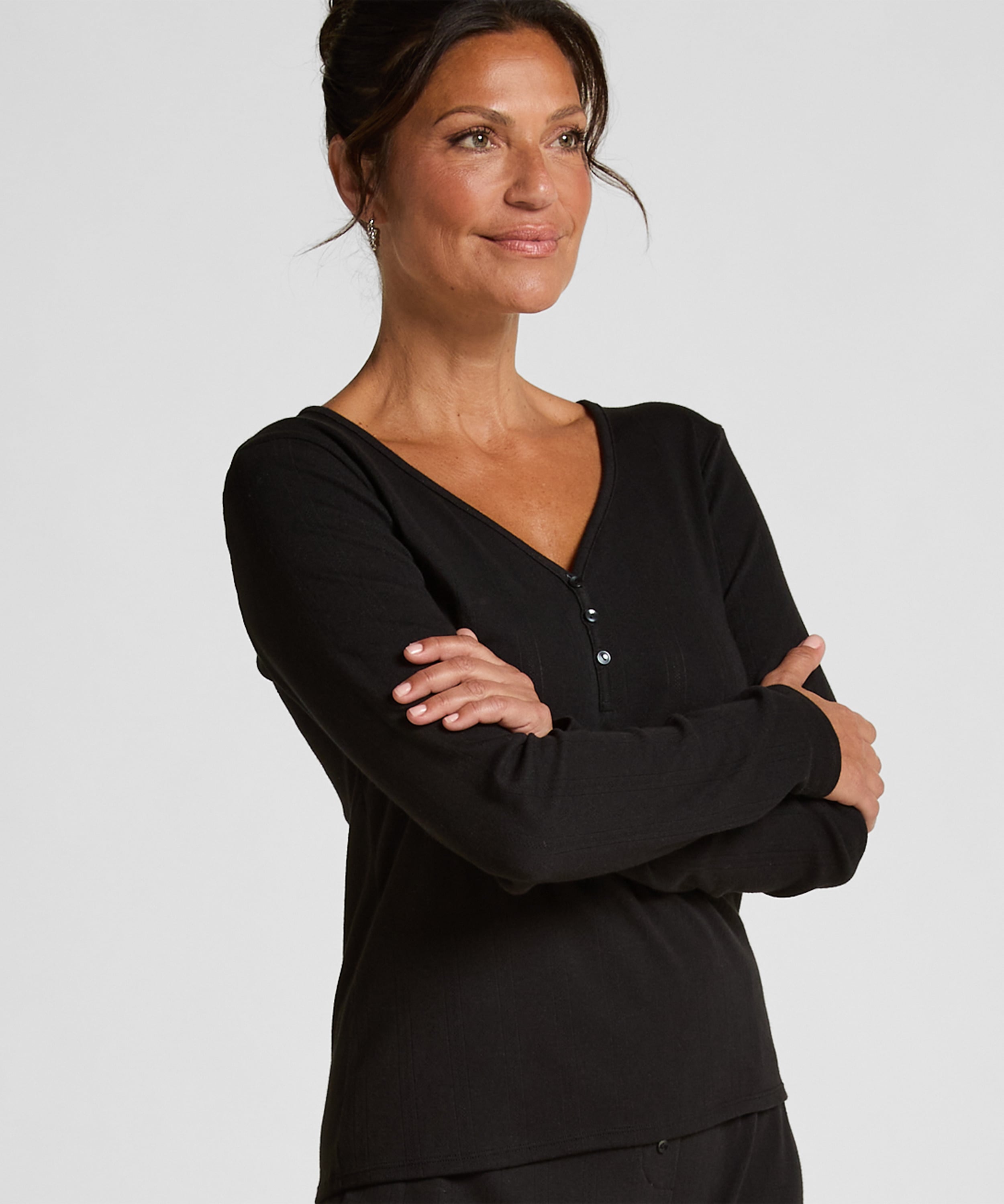 Bluza piżamowa Henley z długim rękawem, Czarny, main