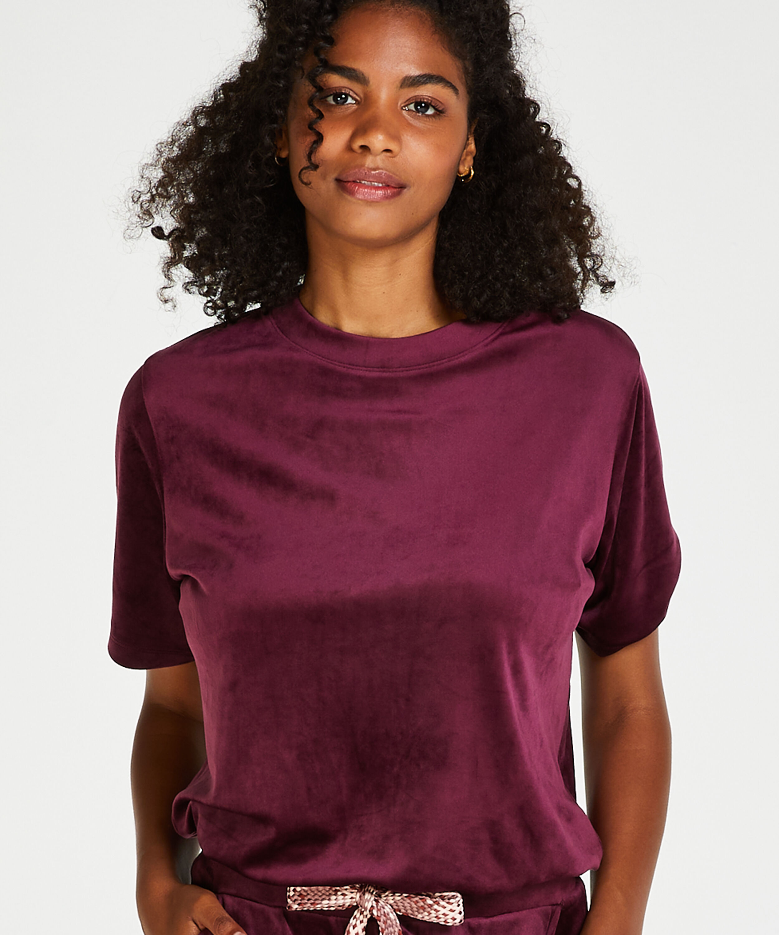 Short-sleeve velours top, Czerwony