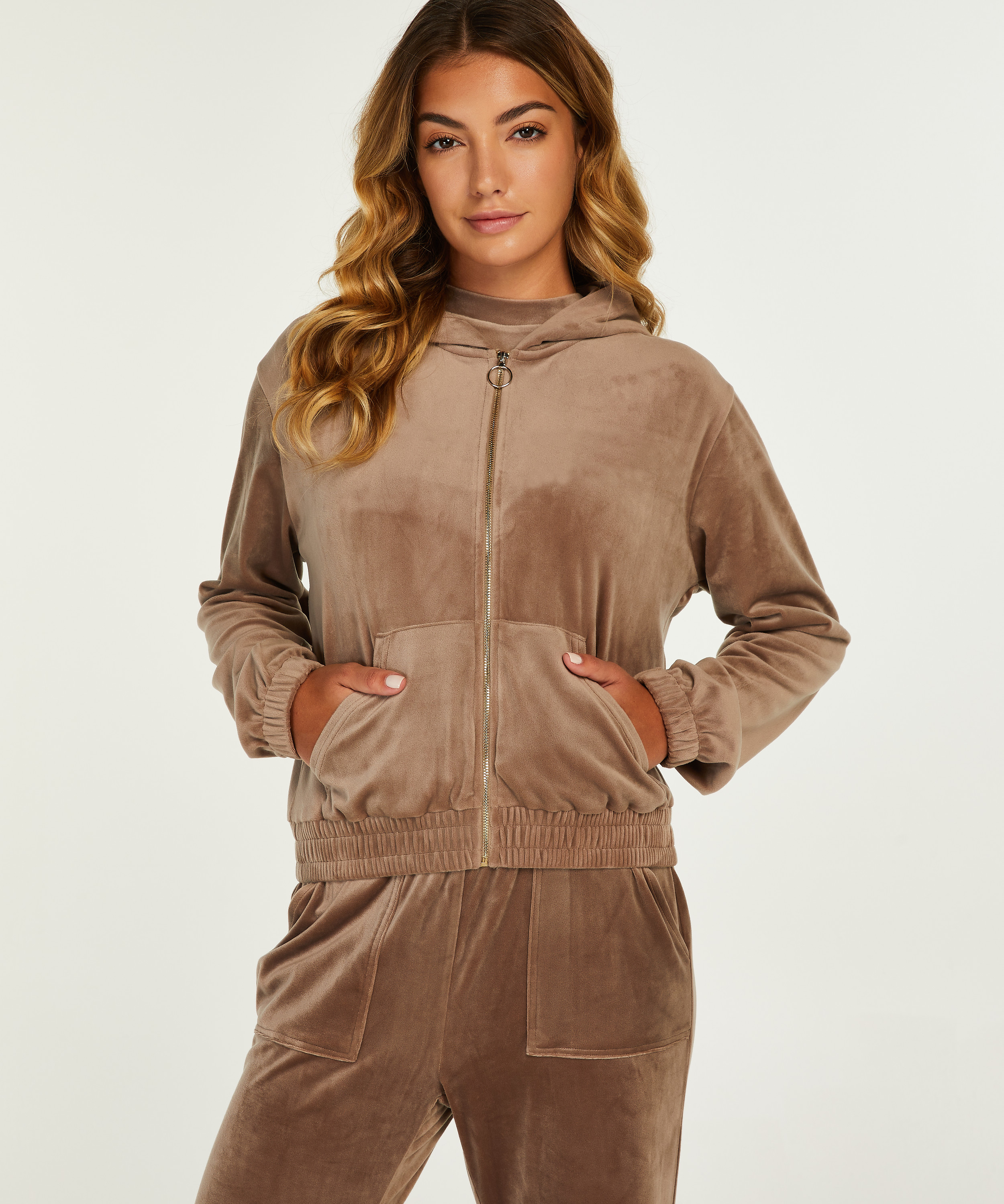 Welurowa bluza z kapturem, Brązowy, main