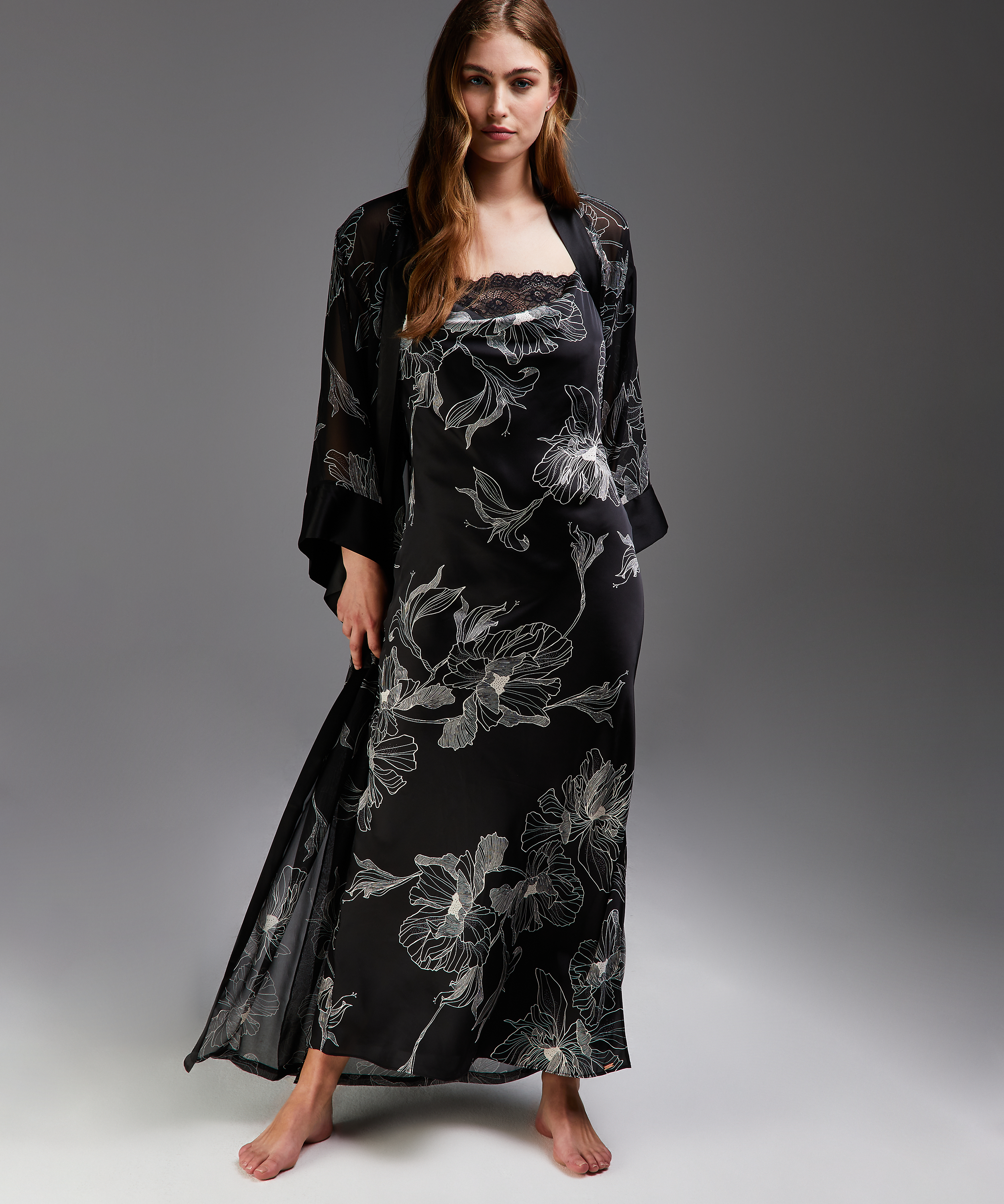 Lotus long chiffon kimono, Czarny, main