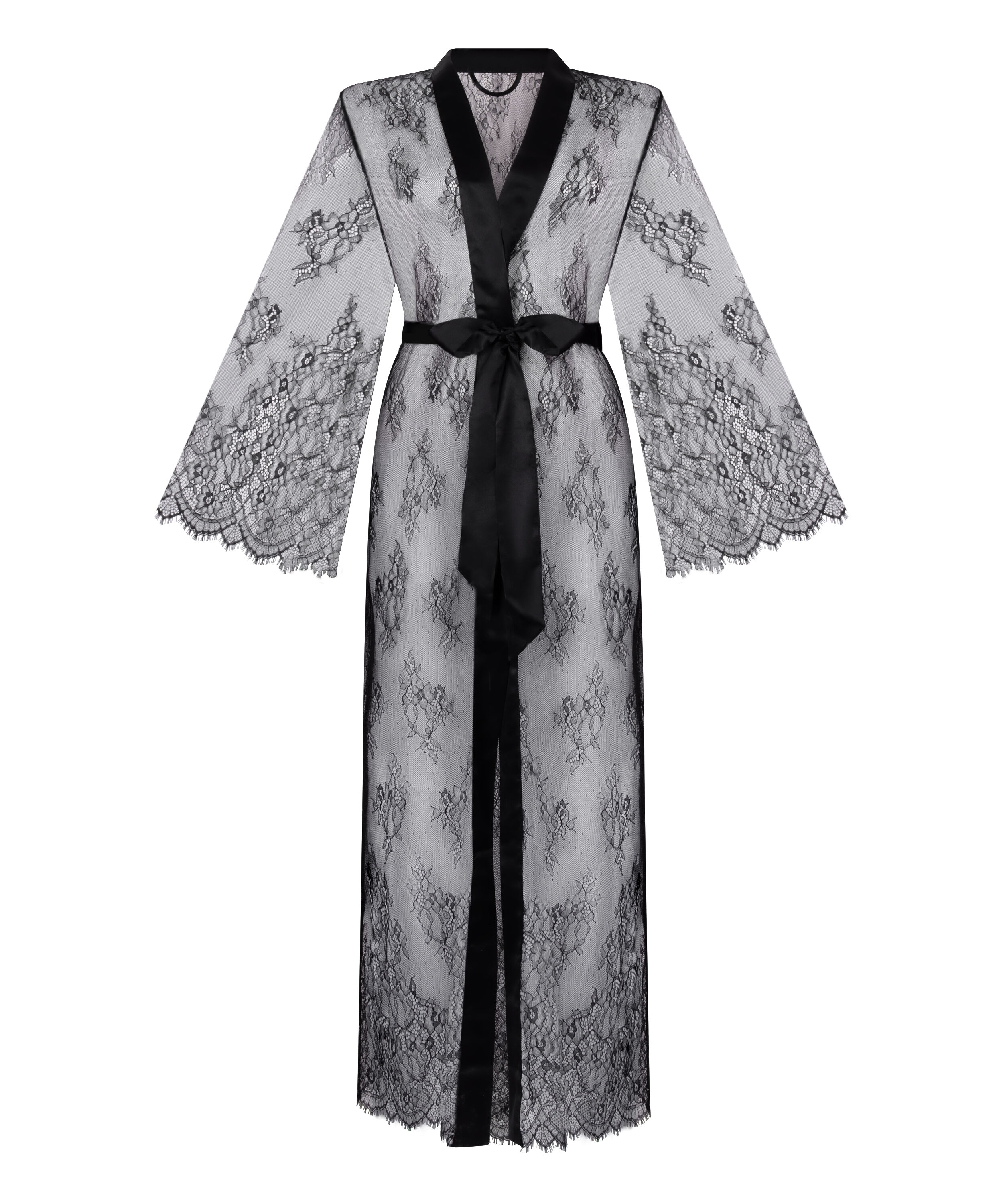 Długie kimono z koronką, Czarny