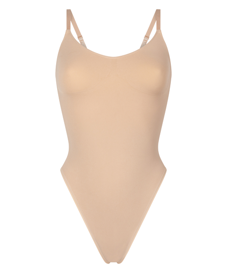 Bezszwowe wzmacniające body z wysokimi wycięciami, Beżowy