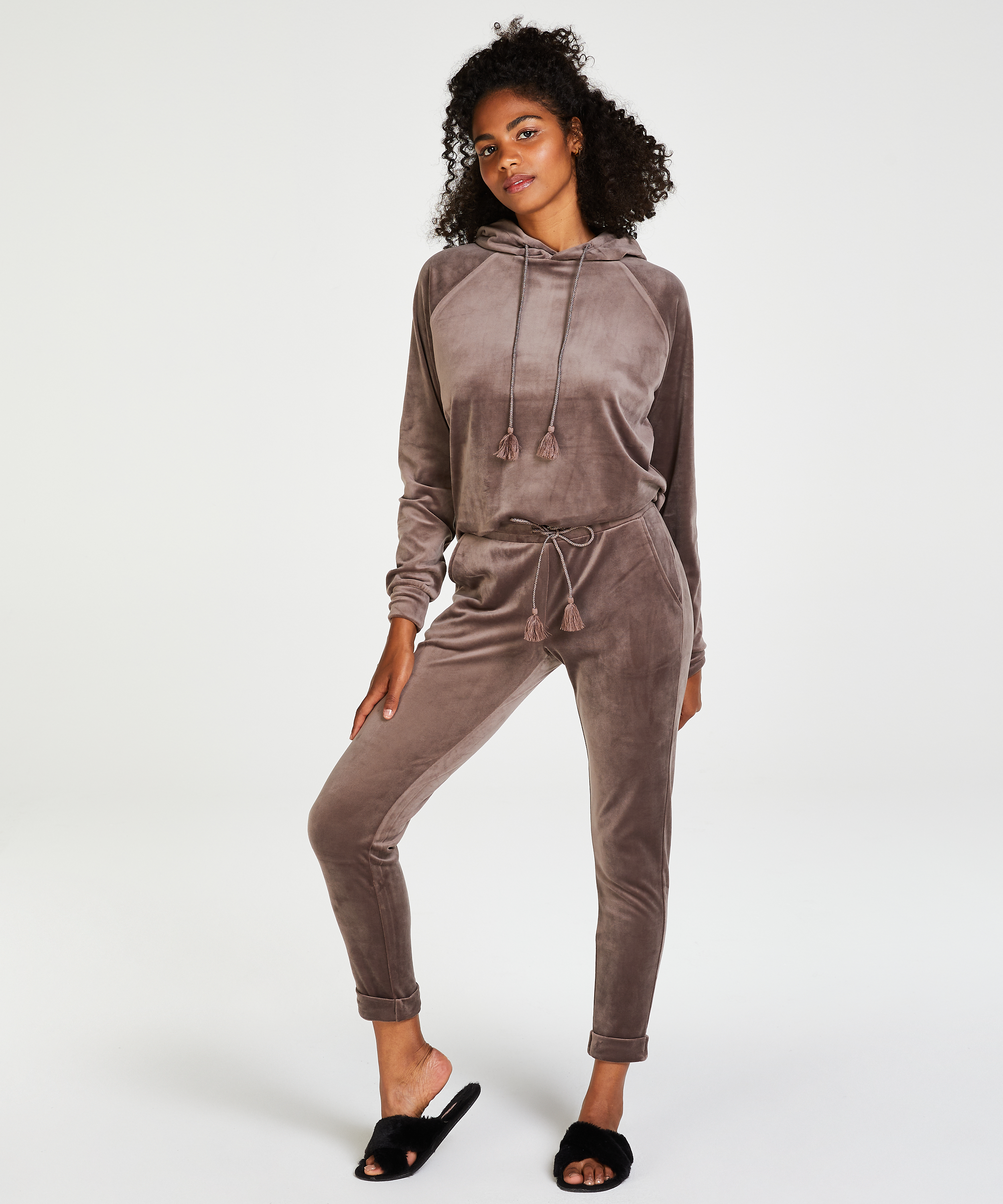 Welurowa bluza z kapturem, Brązowy, main