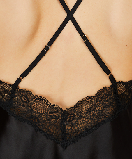 Satynowy top na ramiączkach z koronką, Czarny