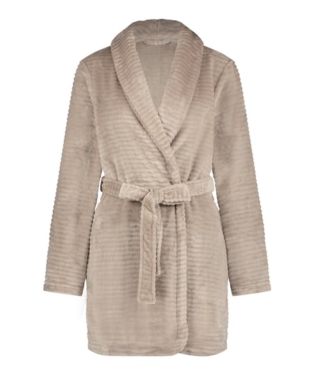 Kr&oacute;tki szlafrok z prążkowanego polaru, Beżowy