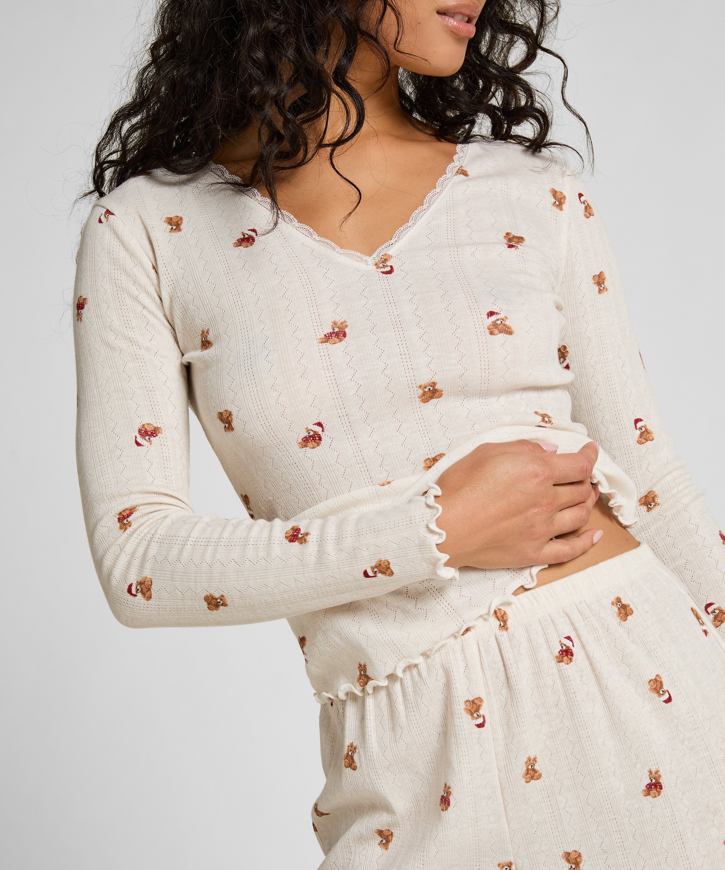 G&oacute;ra od piżamy z długim rękawem Pointelle, Biały, main