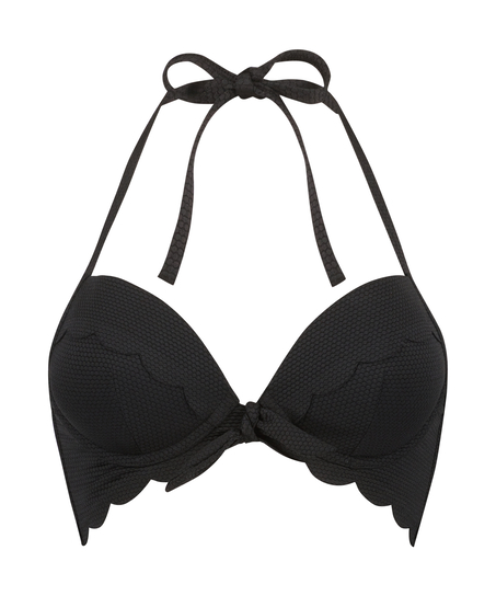 G&oacute;ra od bikini push-up z fiszbinami, z falowanym brzegiem, miseczki A &ndash; E, Czarny