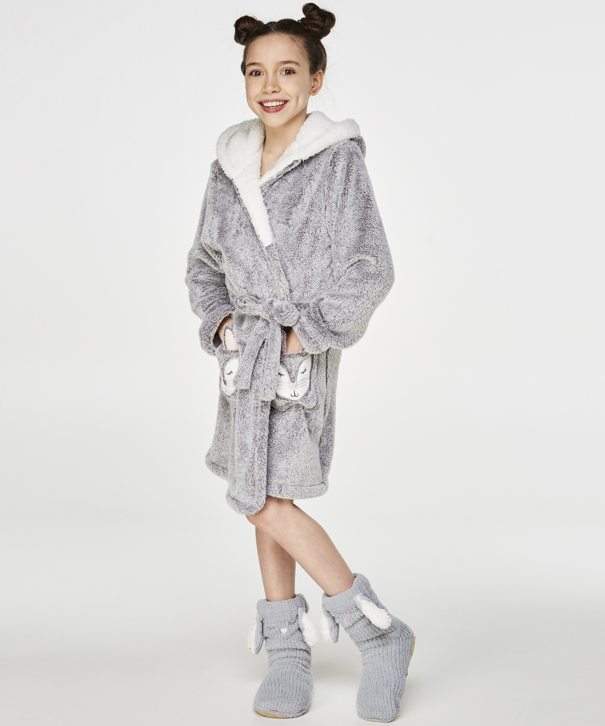 Teens Fleece Bathrobe, Szary, main