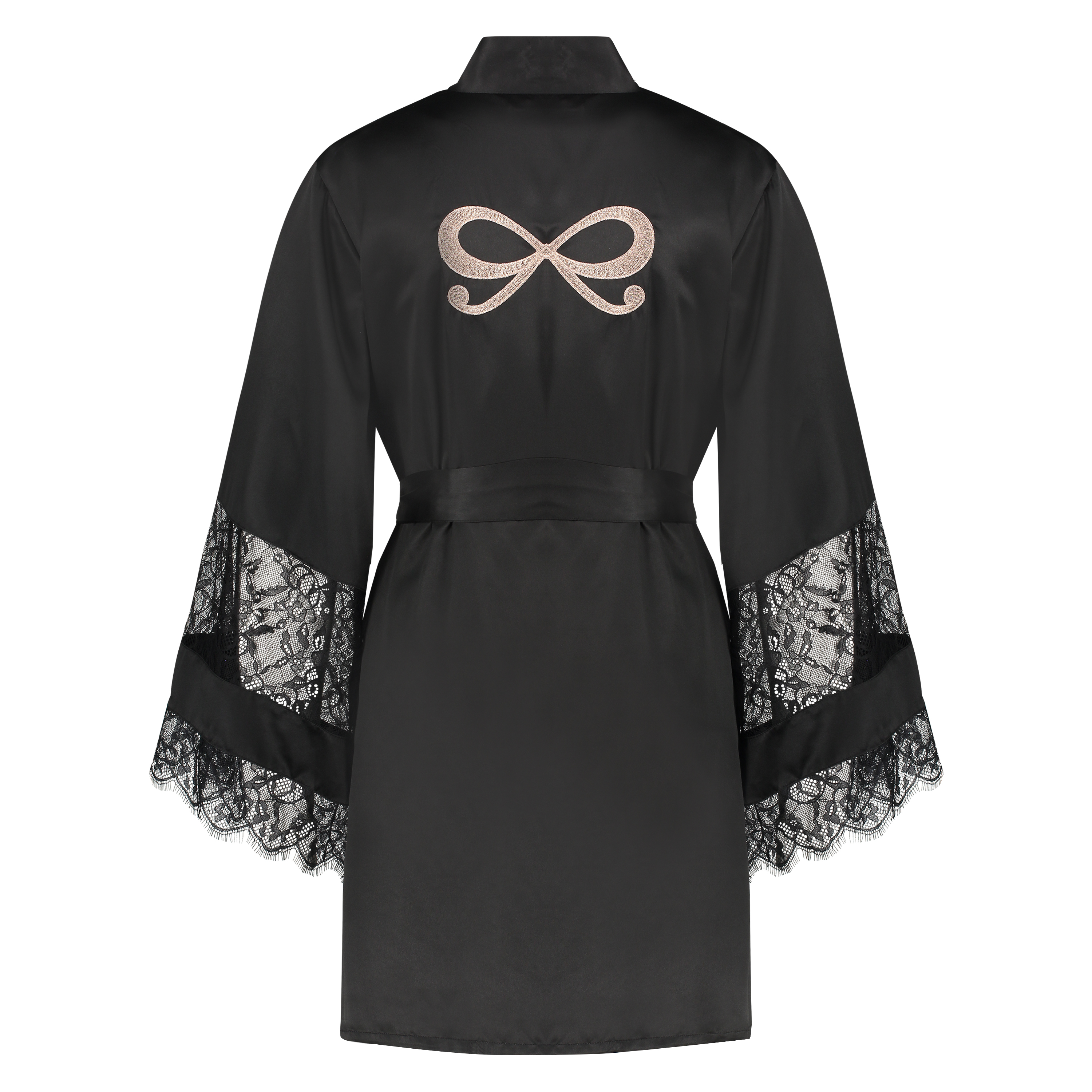 Satynowe kimono z koronką, Czarny, main