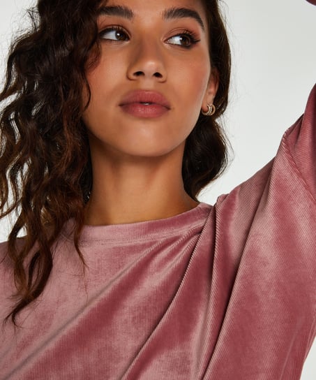 Welurowy top z długim rękawem z prążkowanego materiału, R&oacute;żowy