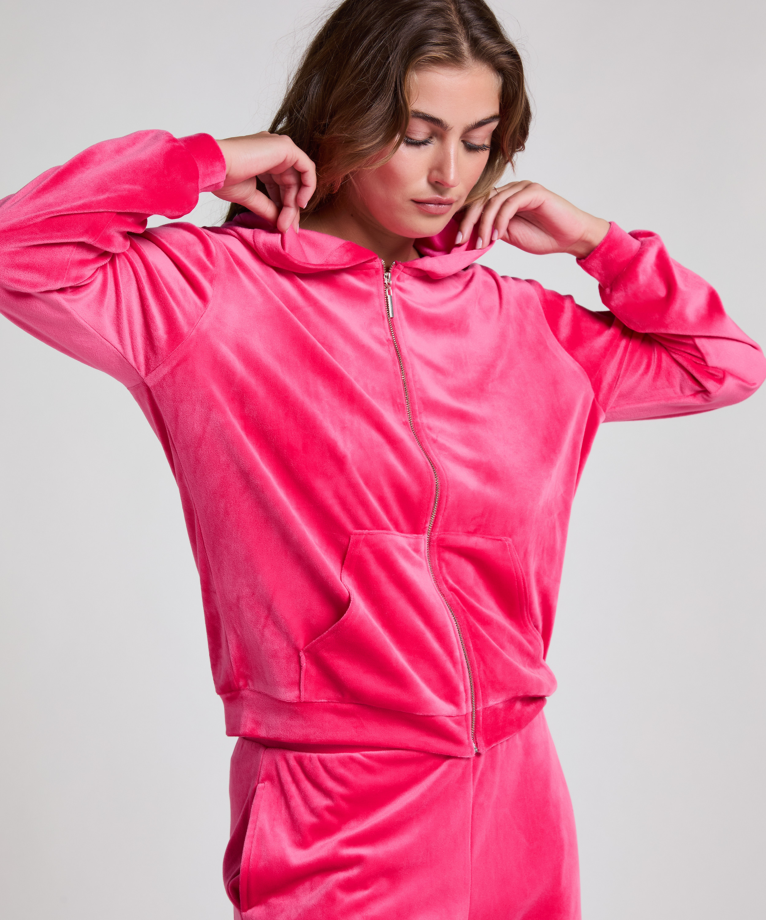 Welurowa bluza z kapturem, R&oacute;żowy, main