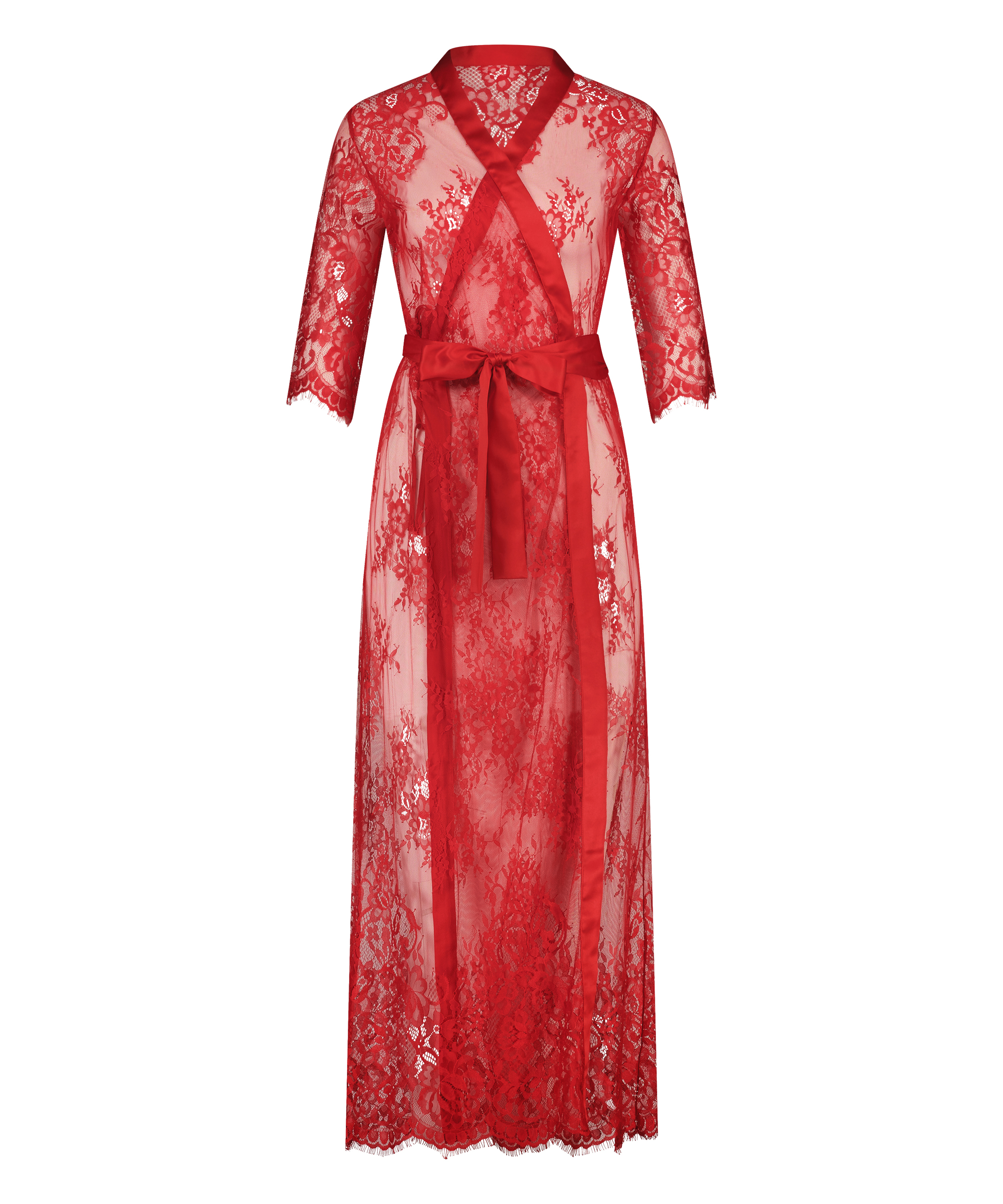 Długie kimono z koronką, Czerwony, main