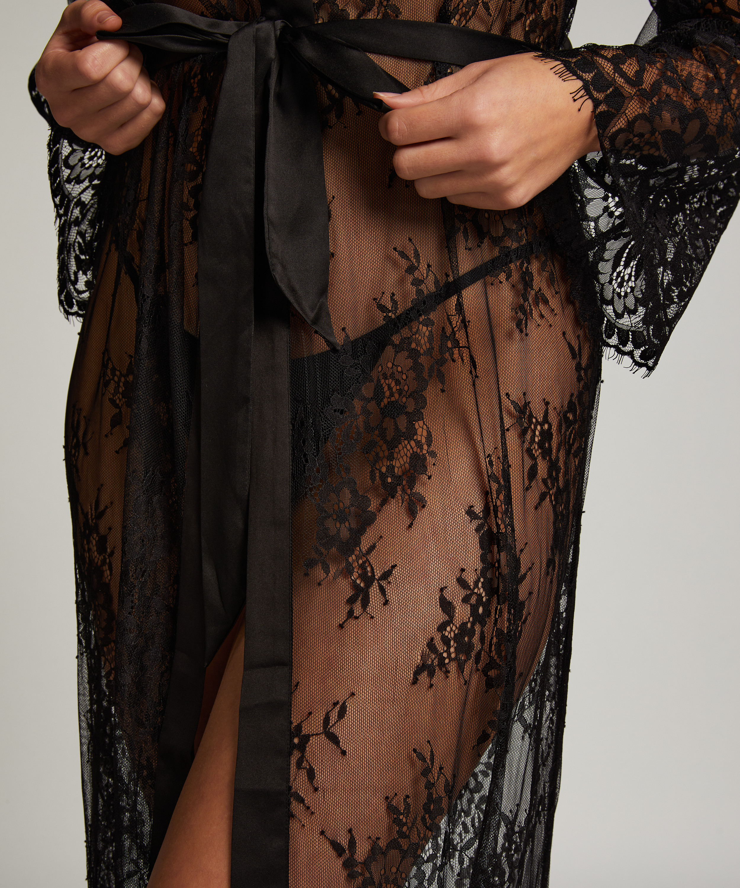 Długie kimono z koronką, Czarny, main