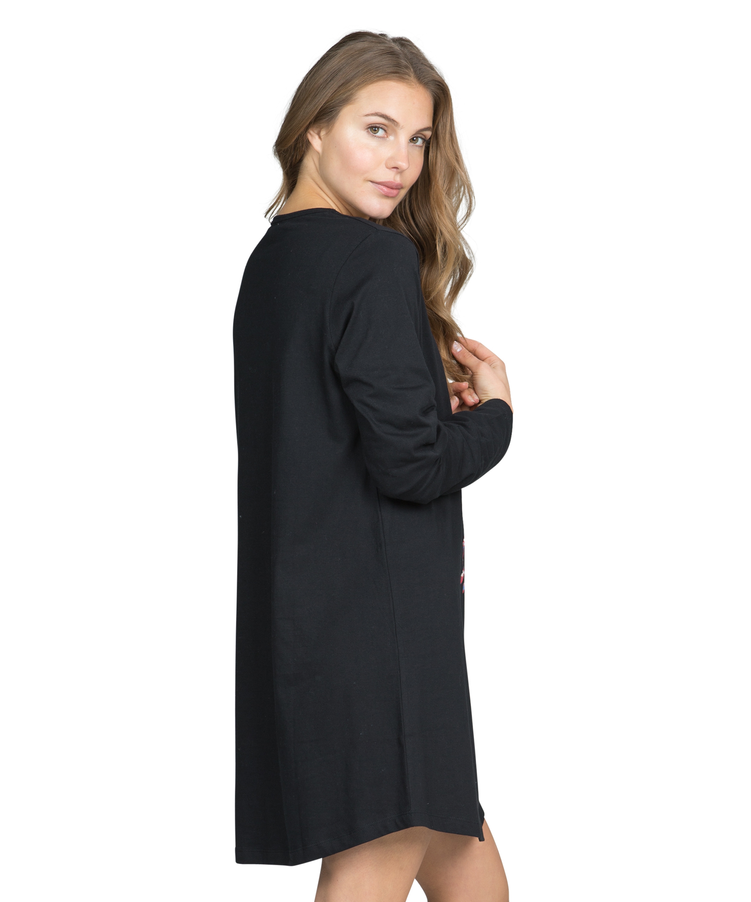 Nightshirt V-neck long sleeves, Czarny, main