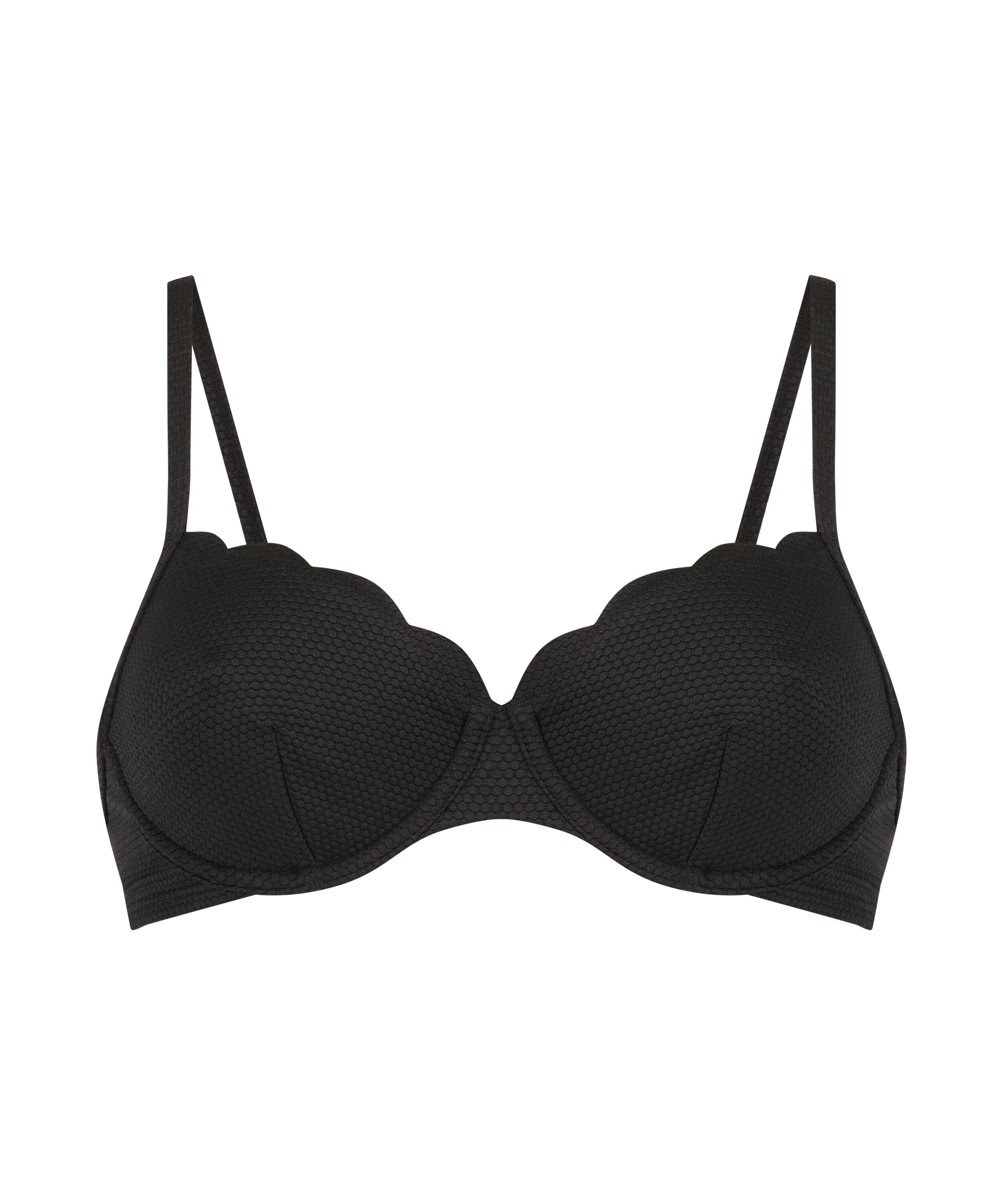 Nieusztywniany stanik bikini z fiszbinami, z falowanym brzegiem, Czarny